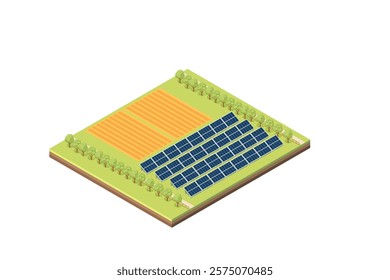Isometric rural scene with farm field, trees and solar panel arrange. Green generation electricity, renewable energy. Vector illustration isolated on white background