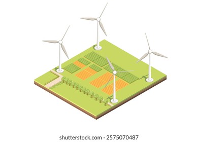 Isometric rural scene with farm field, trees and big windmills wind turbines. Green generation electricity, renewable energy. Vector illustration isolated on white background