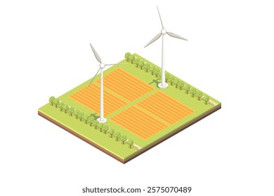 Isometric rural scene with farm field, trees and two big windmill wind turbines. Green generation electricity, renewable energy. Vector illustration isolated on white background