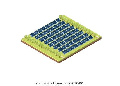 Isometric rural scene with farm field, trees and solar panel arrange. Green generation electricity, renewable energy. Vector illustration isolated on white background