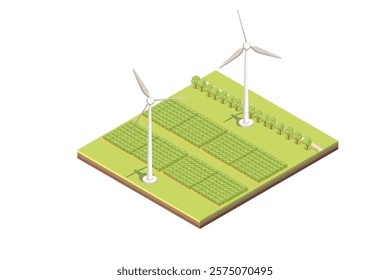 Isometric rural scene with farm field, trees and two big windmill wind turbines. Green generation electricity, renewable energy. Vector illustration isolated on white background