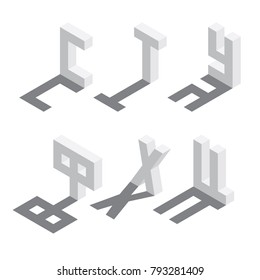 Isometric russian alphabet sequence, six letters of cyrillic font. White on white background with shadow