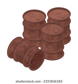 Isometric rusty barrels. 3d icon of metal drums. Vector illustration isolated on a white background.