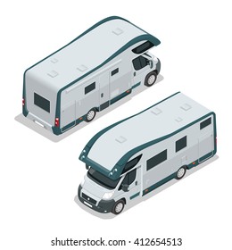 Isometric RV camper. Car for a family. Can be used for advertisement, infographics game or mobile apps icon.