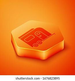 Isometric Rv Camping trailer icon isolated on orange background. Travel mobile home, caravan, home camper for travel. Orange hexagon button. Vector Illustration