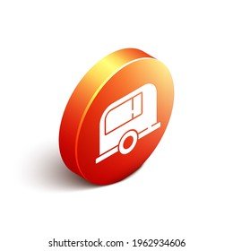 Isometric Rv Camping trailer icon isolated on white background. Travel mobile home, caravan, home camper for travel. Orange circle button. Vector