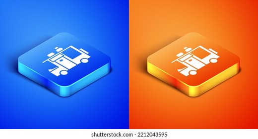 Isometric Rv Camping trailer icon isolated on blue and orange background. Travel mobile home, caravan, home camper for travel. Square button. Vector Illustration