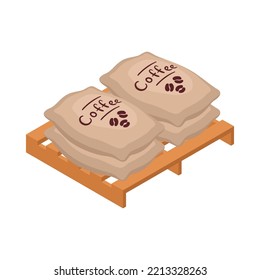 Isometric sacks of coffee beans on wooden pallet 3d vector illustration