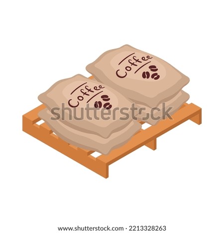 Isometric sacks of coffee beans on wooden pallet 3d vector illustration