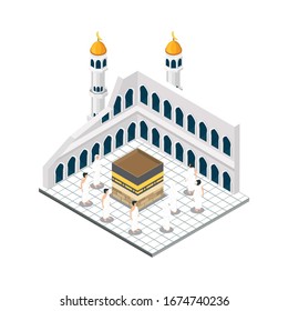 Isometric The Sacred Mosque in The Holy City of Mecca Illustration in White Isolated Background With People and Digital Related Asset