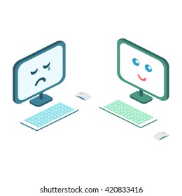 isometric sad and smile computer . broken computers come for repairs. Flat 3D illustration.