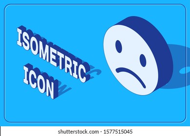 Isometric Sad smile icon isolated on blue background. Emoticon face.  Vector Illustration