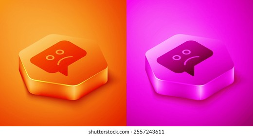 Isometric Sad smile icon isolated on orange and pink background. Emoticon face. Hexagon button. Vector