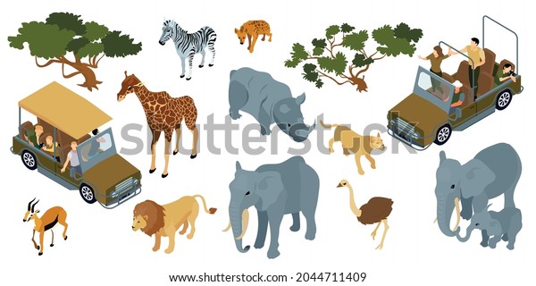 Isometric\
safari color set with isolated icons of desert trees animals and\
tourists riding in car vector\
illustration