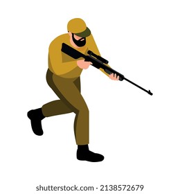 Isometric safari composition with isolated human character of running man pointing rifle on blank background vector illustration