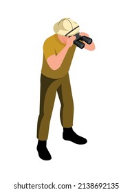 Isometric safari composition with isolated human character of man looking in binocular on blank background vector illustration