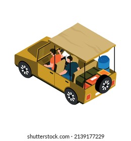 Isometric safari composition with isolated image of car with tourists on blank background vector illustration