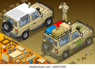 Isometric Safari Desert Jeep 4x4 Jungle Adventure Infographic Isometric Vector 3D Illustration. Africa Adventure Savannah Desert Jeep 4x4 Isometric view 3D