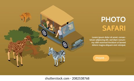 Isometric safari horizontal banner with desert animals and car with tourists with editable text and button vector illustration