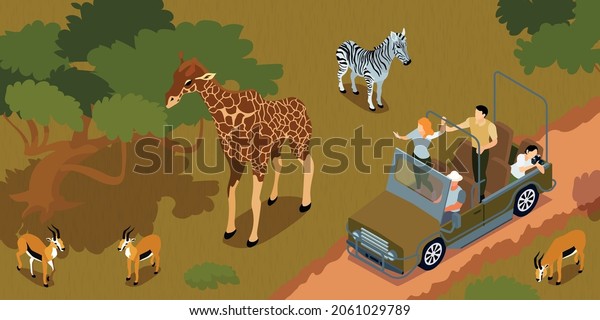 Isometric safari horizontal composition with\
view of tourists group riding in car watching wild animals nature\
vector illustration