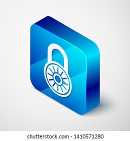 Isometric Safe combination lock wheel icon isolated on white background. Combination padlock. Security, safety, protection, password, privacy concept. Blue square button. Vector Illustration