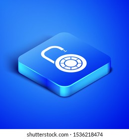 Isometric Safe combination lock wheel icon isolated on blue background. Combination padlock. Security, safety, protection, password, privacy. Blue square button. Vector Illustration