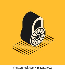 Isometric Safe combination lock wheel icon isolated on yellow background. Combination padlock. Security, safety, protection, password, privacy.  Vector Illustration