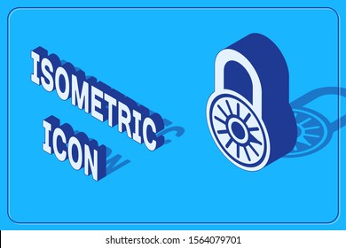 Isometric Safe combination lock wheel icon isolated on blue background. Combination padlock. Security, safety, protection, password, privacy.  Vector Illustration
