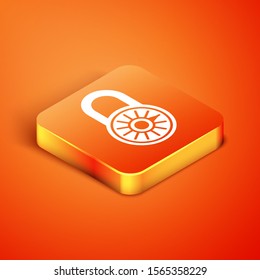 Isometric Safe combination lock wheel icon isolated on orange background. Combination padlock. Security, safety, protection, password, privacy.  Vector Illustration