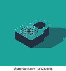 Isometric Safe combination lock wheel icon isolated on green background. Combination padlock. Security, safety, protection, password, privacy.  Vector Illustration