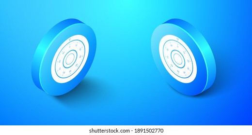 Isometric Safe combination lock wheel icon isolated on blue background. Protection concept. Password sign. Blue circle button. Vector.