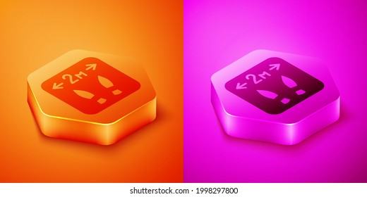 Isometric Safe distance icon isolated on orange and pink background. Viruses and people keeping distance for infection risk. Hexagon button. Vector