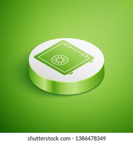 Isometric Safe icon isolated on green background. The door safe a bank vault with a combination lock. Reliable Data Protection. White circle button. Vector Illustration