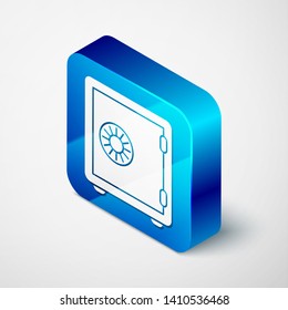 Isometric Safe icon isolated on white background. The door safe a bank vault with a combination lock. Reliable Data Protection. Blue square button. Vector Illustration