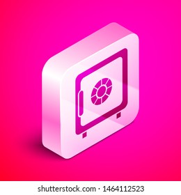Isometric Safe icon isolated on pink background. The door safe a bank vault with a combination lock. Reliable Data Protection. Silver square button. Vector Illustration