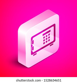 Isometric Safe icon isolated on pink background. The door safe a bank vault with a combination lock. Reliable Data Protection. Silver square button. Vector Illustration Isometric Safe icon isolated on pink background. The door safe a bank vault with a combination lock. Reliable Data Protection. Silver square button. Vector Illustration