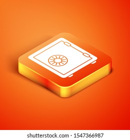 Isometric Safe icon isolated on orange background. The door safe a bank vault with a combination lock. Reliable Data Protection.  Vector Illustration