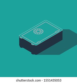 Isometric Safe icon isolated on green background. The door safe a bank vault with a combination lock. Reliable Data Protection.  Vector Illustration