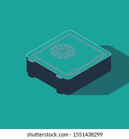 Isometric Safe icon isolated on green background. The door safe a bank vault with a combination lock. Reliable Data Protection.  Vector Illustration