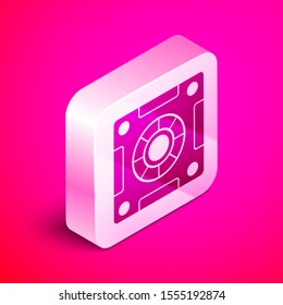 Isometric Safe icon isolated on pink background. The door safe a bank vault with a combination lock. Reliable Data Protection. Silver square button. Vector Illustration