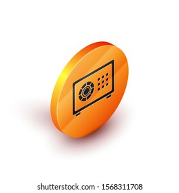 Isometric Safe icon isolated on white background. The door safe a bank vault with a combination lock. Reliable Data Protection. Orange circle button. Vector Illustration