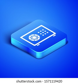 Isometric Safe icon isolated on blue background. The door safe a bank vault with a combination lock. Reliable Data Protection. Blue square button. Vector Illustration