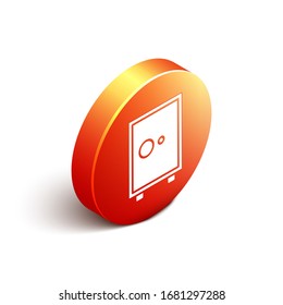 Isometric Safe icono aislado en fondo blanco. La puerta protege una bóveda de banco con una cerradura combinada. Protección de datos confiable. Botón de círculo naranja. Ilustración vectorial