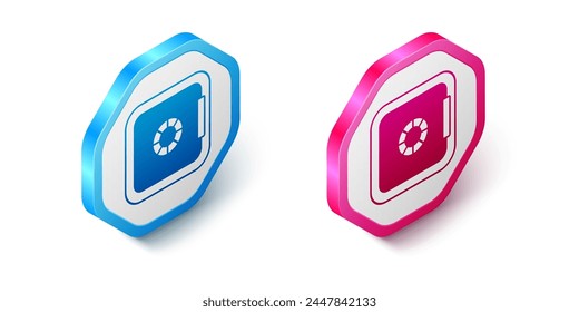 Isometric Safe icon isolated on white background. The door safe a bank vault with a combination lock. Reliable Data Protection. Hexagon button. Vector
