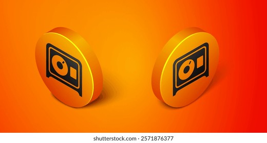 Isometric Safe icon isolated on orange background. The door safe a bank vault with a combination lock. Reliable Data Protection. Orange circle button. Vector