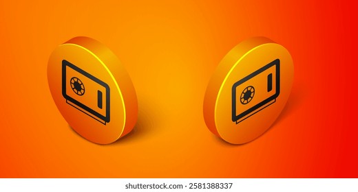 Isometric Safe icon isolated on orange background. The door safe a bank vault with a combination lock. Reliable Data Protection. Orange circle button. Vector