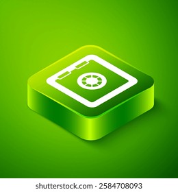 Isometric Safe icon isolated on green background. The door safe a bank vault with a combination lock. Reliable Data Protection. Green square button. Vector