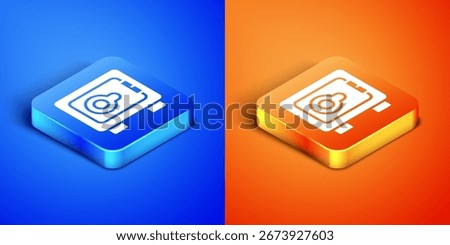 Isometric Safe icon isolated on blue and orange background. The door safe a bank vault with a combination lock. Reliable Data Protection. Square button. Vector
