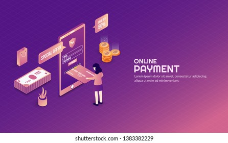 Isometric safe and security online payment background