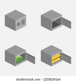 Isometric Safe. Set Of Isometric Safe Boxes. Safe Boxe Filled With Gold, Coins, Money. Vector Illustration.